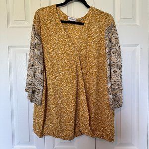 2X Westport Mustard/White Floral Print Cross Front Blouse